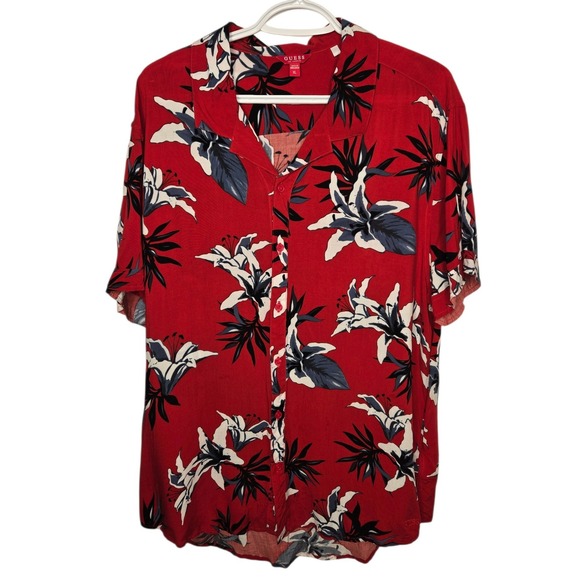 GUESS Mens Floral Viscose Short Sleeve Button Down Tropical Flowers Shirt Red XL - Picture 2 of 10
